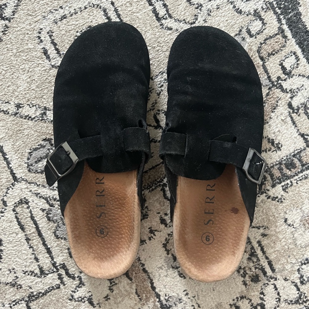 Serra Black Suede Mules with Buckle Detail
